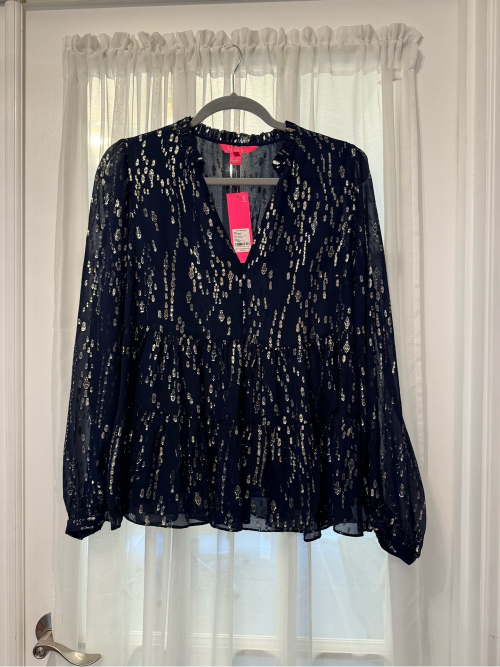 Lilly Pulitzer Navy Blouse with Gold Metallic Accent